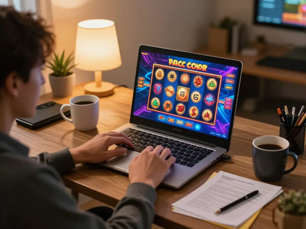 Engaged player strategizing on slot gacor games in a cozy home office setting