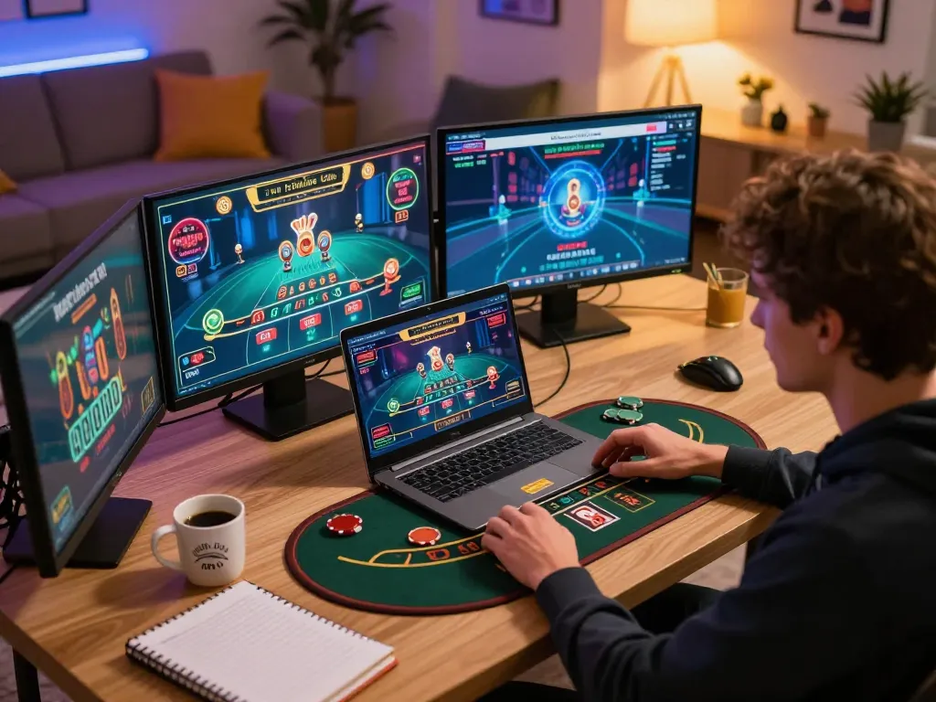 Engaging in blackjack gameplay at shbet800 online casino from a cozy home office