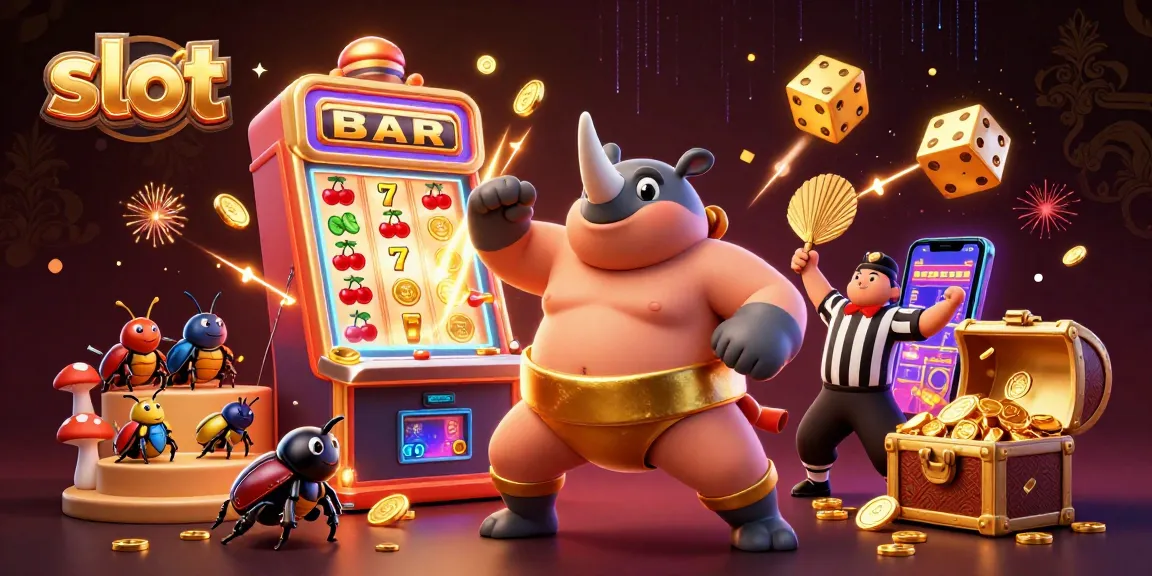 Slot dipenuhi koin emas terbang dari ketukan juara sumo kumbang badak 3D
