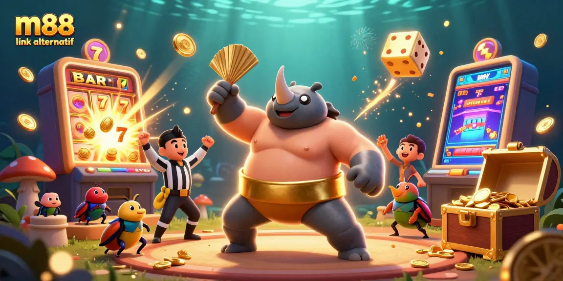 Bettors enjoying m88 link alternatif winning moments with a sumo champion beetle and vibrant casino elements.