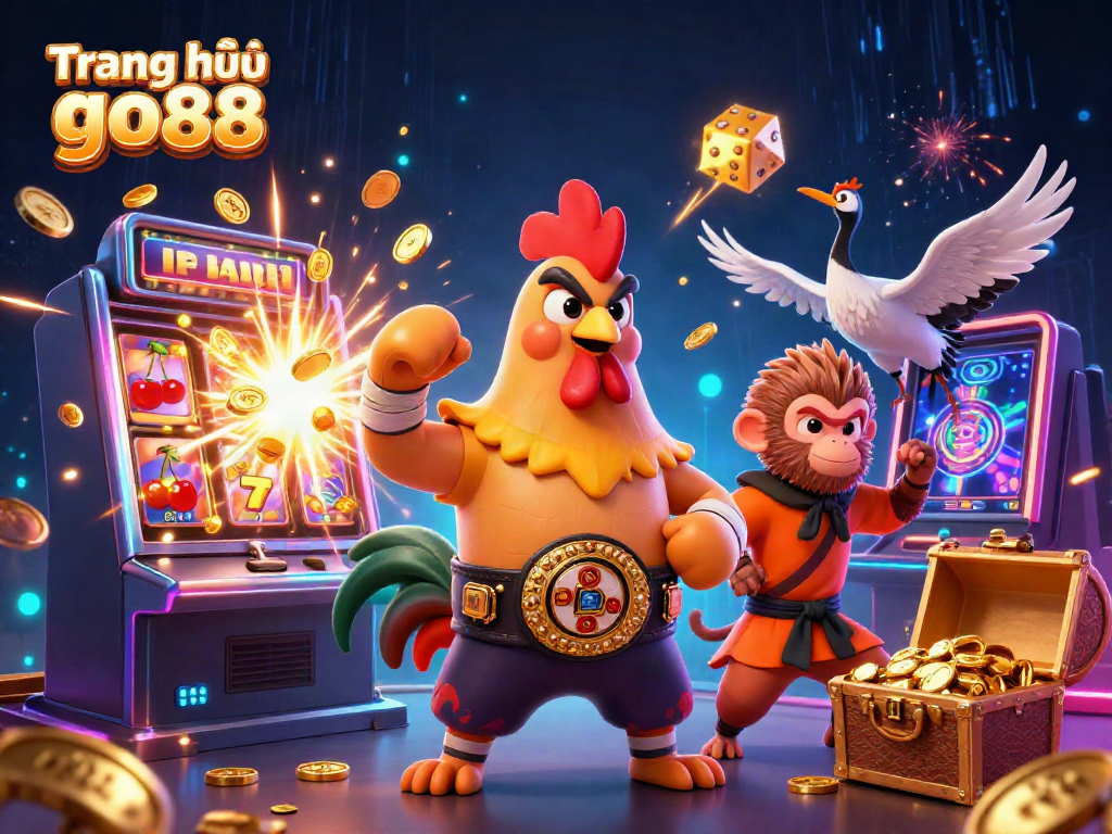 Win big at Trang chủ go88 with a thrilling 3D illustration of casino excitement and gaming characters.