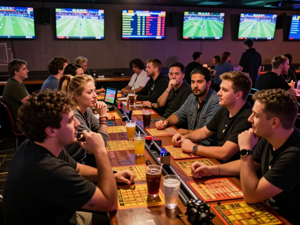 Engaging sports bettors analyzing odds in a vibrant lounge environment, ZEUS222 strategy discussions enhance the excitement.