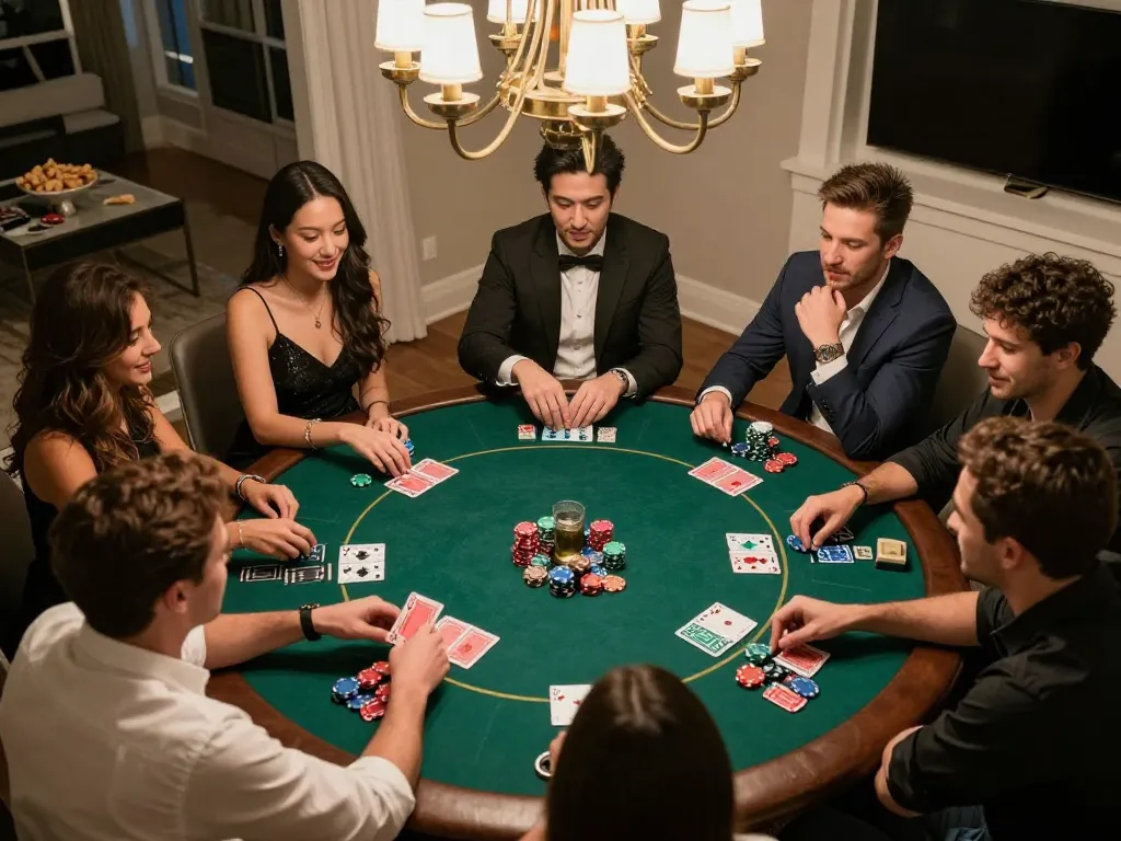 Excited friends playing poker at home, showcasing the TA88 interactive gaming spirit