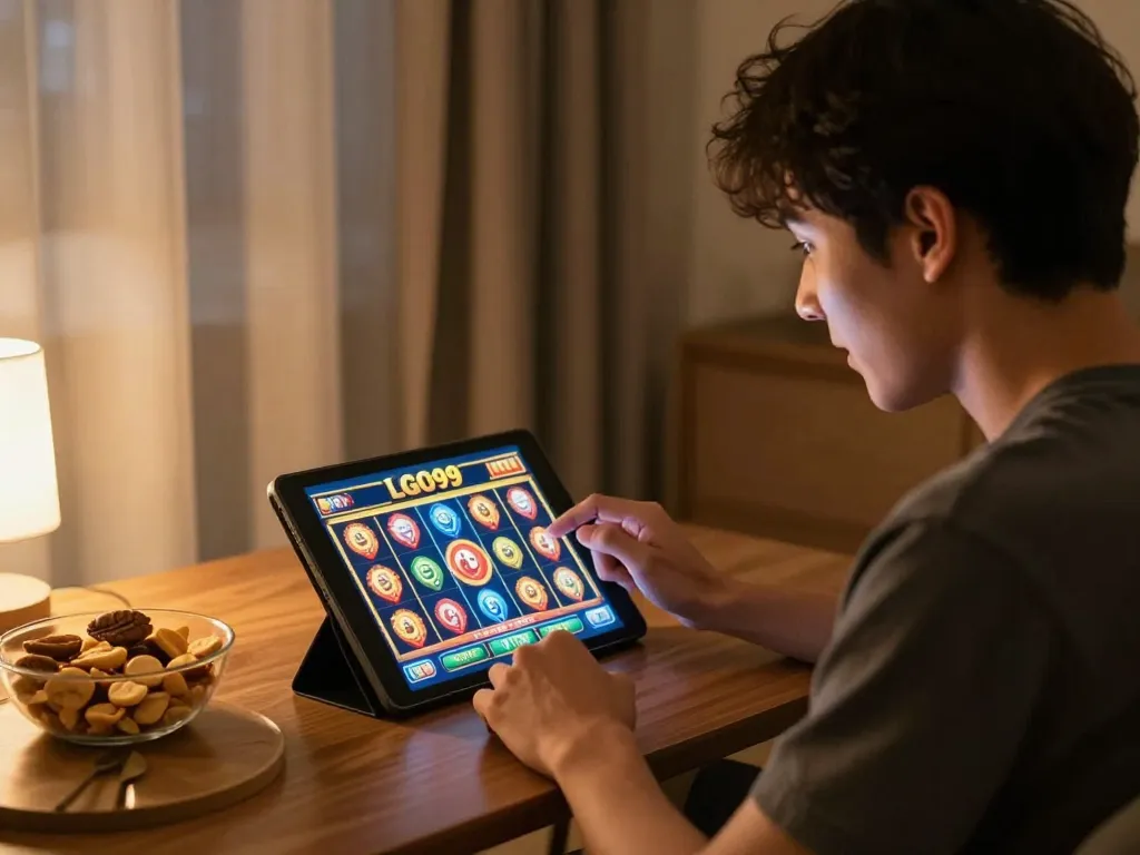 Pemain LGO99 menikmati slot online di pengaturan tablet yang nyaman, mencerminkan permainan yang bertanggung jawab.