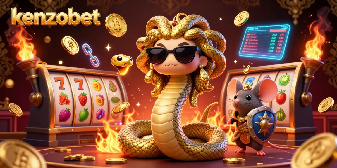 Slot kemenangan kenzobet dengan karakter Medusa ramah, mouse pejuang, dan koin kripto.