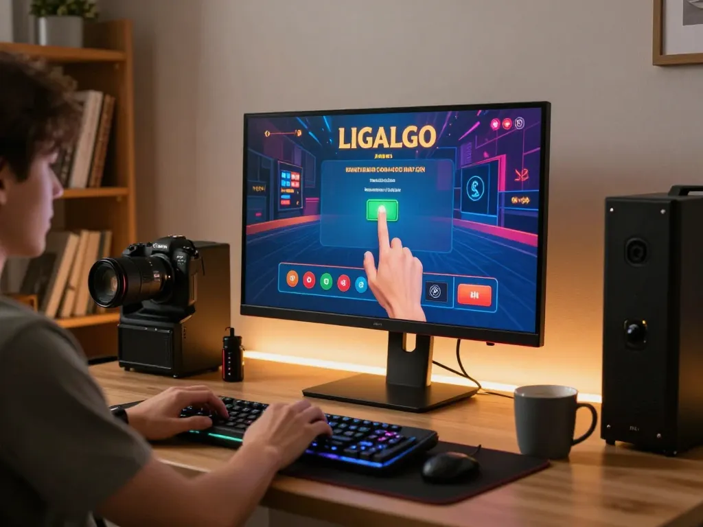 LIGALGO online gaming setup with player ready to bet, showcasing a vibrant gaming interface and engaging atmosphere