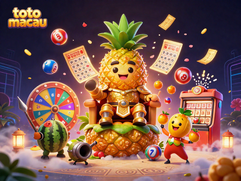 Permainan toto macau dikelilingi angka lotere berwarna-warni dan karakter ceria pada latar kasino.