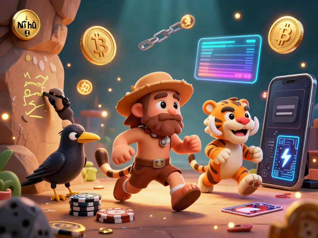 Nổ hũ captures a dynamic prehistoric casino scene with a caveman and saber-tooth tiger alongside cryptocurrency elements.