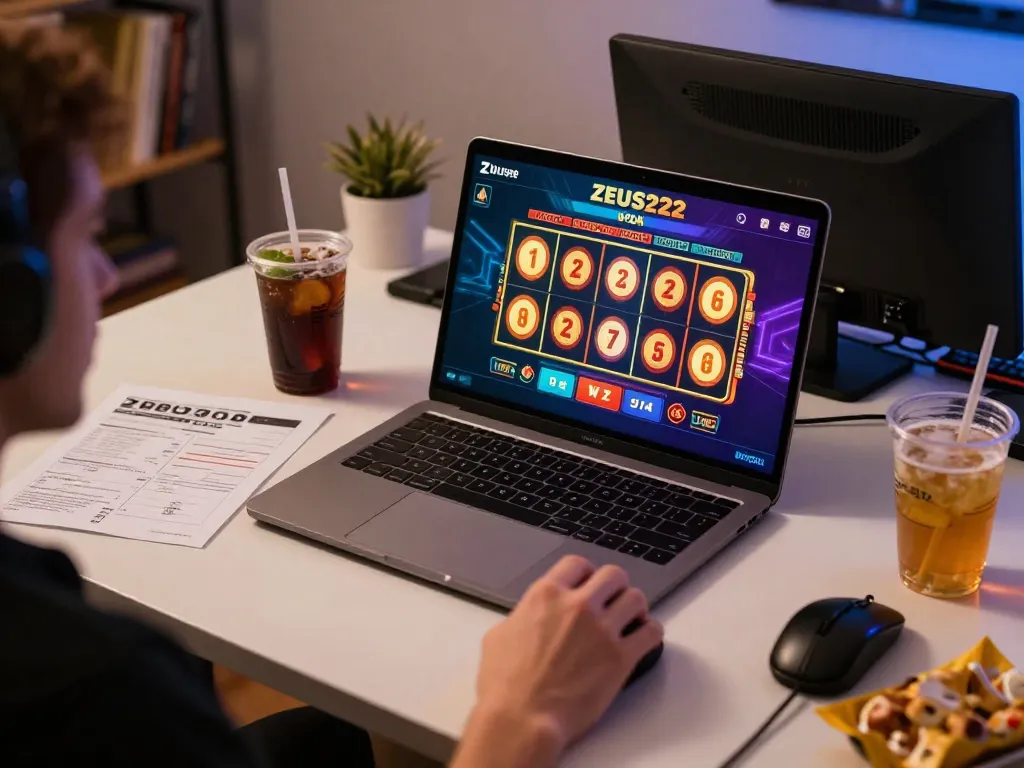 ZEUS222 platform displayed on laptop during an exciting online slot game session with players engaged in strategy.