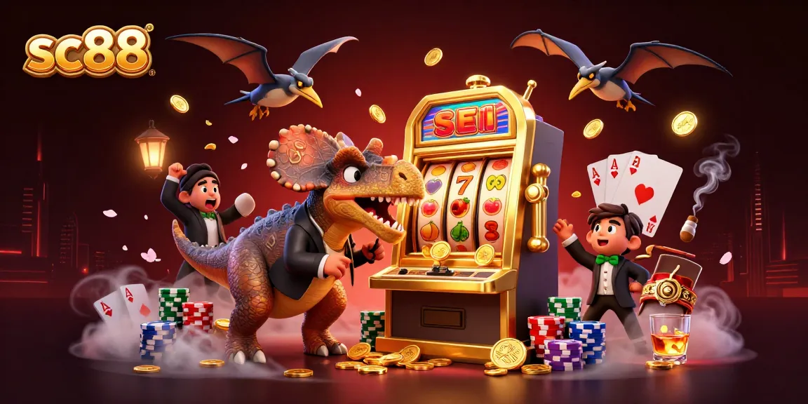 sc88 players enjoy a vibrant casino scene with dinosaurs celebrating jackpot wins, colorful chips, and glowing symbols