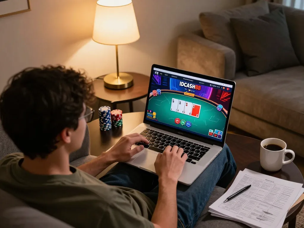 Player enjoying a game of poker on IDCASH88 online casino, capturing strategic gameplay in a cozy home setting.