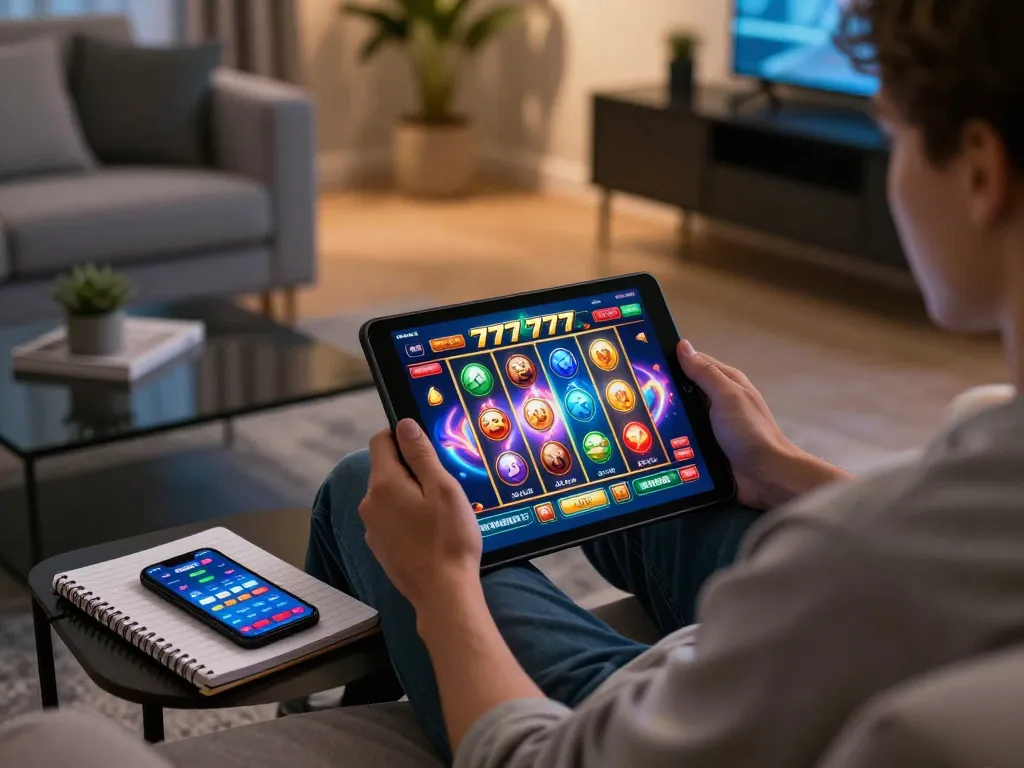 Engaged player enjoying slot777 game on tablet in a cozy living room with strategic betting notes visible.