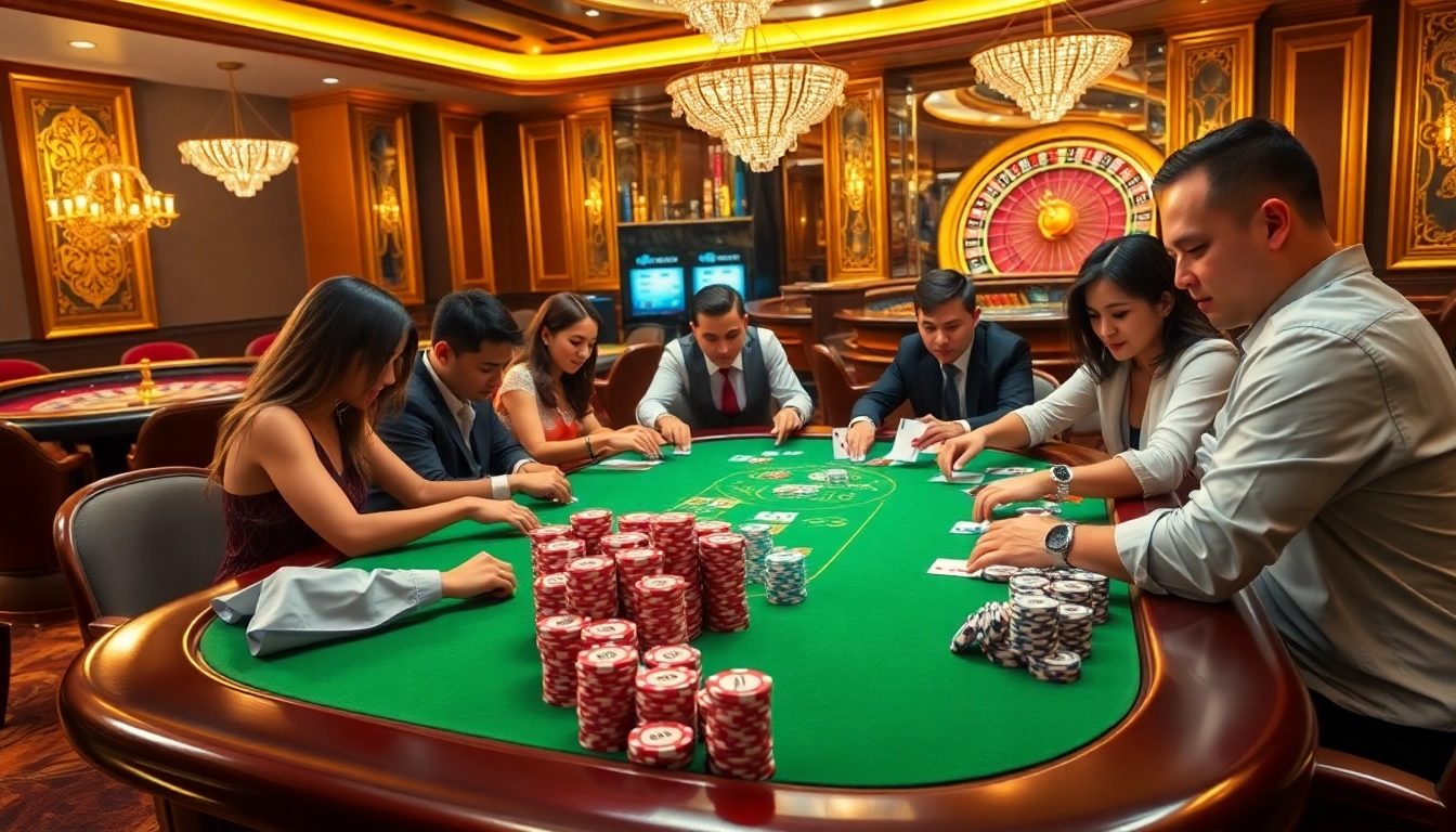 Exciting poker players at a table featuring CM88, with colorful chips and vibrant casino atmosphere.