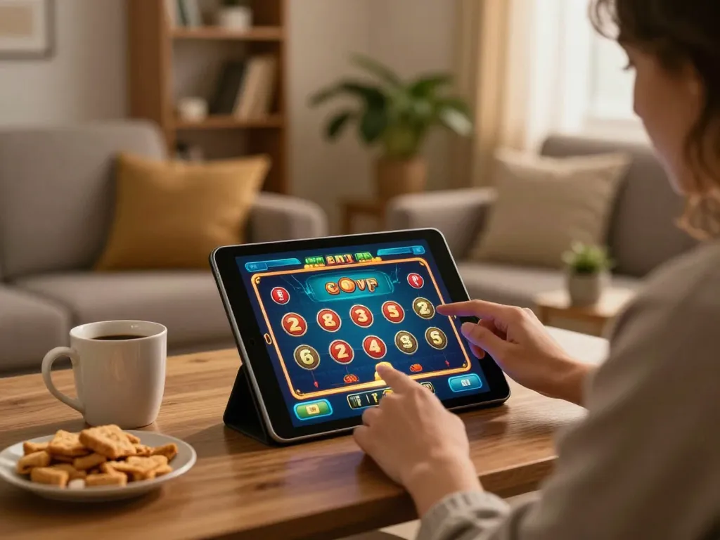 Engaging with 188V casino game on tablet in a cozy home setup.