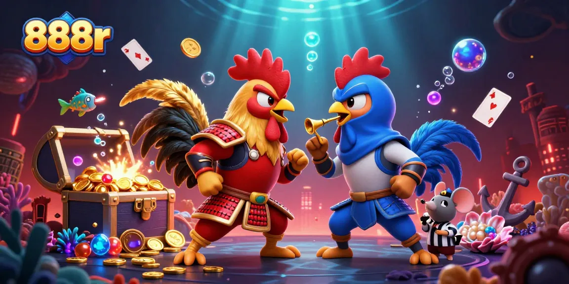 Engage in thrilling action with the fighting roosters at 888r, amidst a vibrant casino backdrop and underwater treasures.