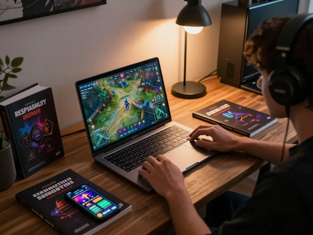 KADAL778 player enjoying a vibrant online casino experience on a sleek laptop in a cozy atmosphere