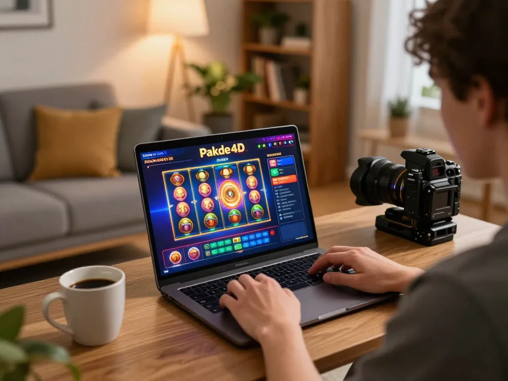 Engaged player using Pakde4D for online slot gameplay in a cozy home setting