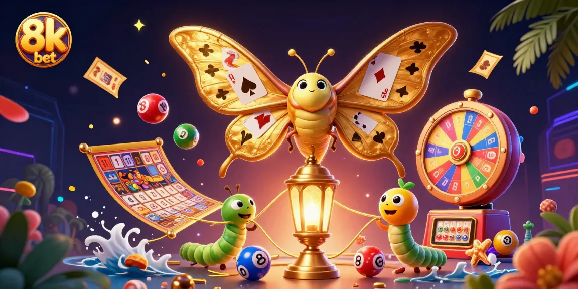 Experience the excitement of 8k bet with a vibrant casino-themed illustration featuring an atlas moth.