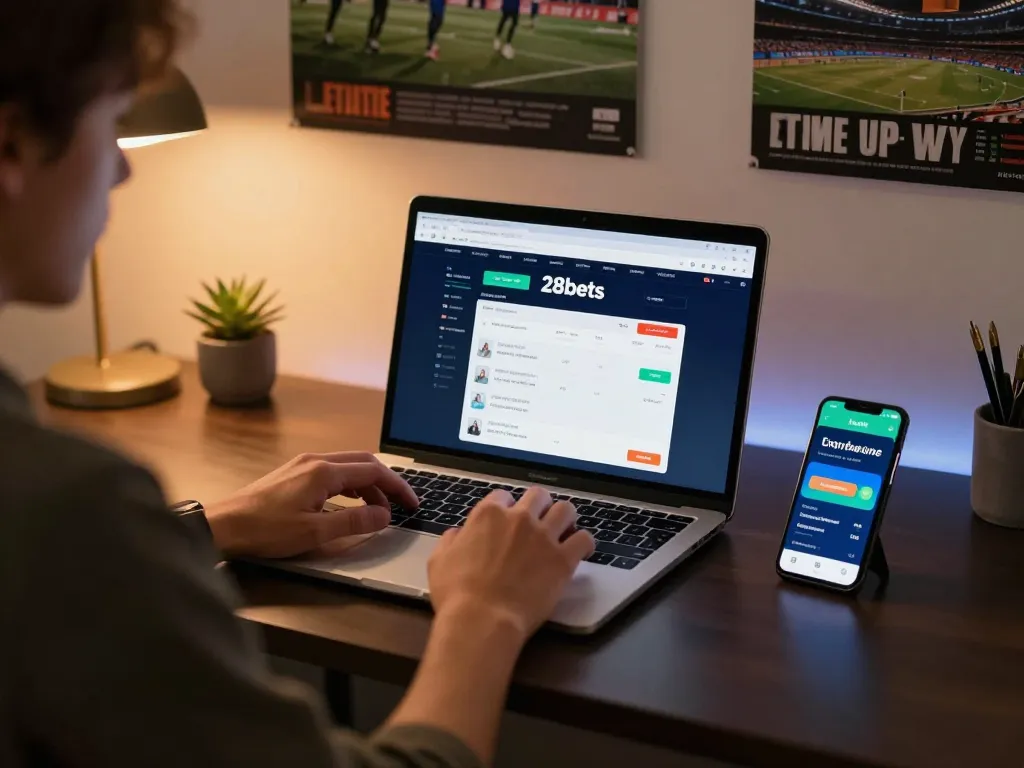 Betting on 28bets through a laptop showing live odds and sports events.