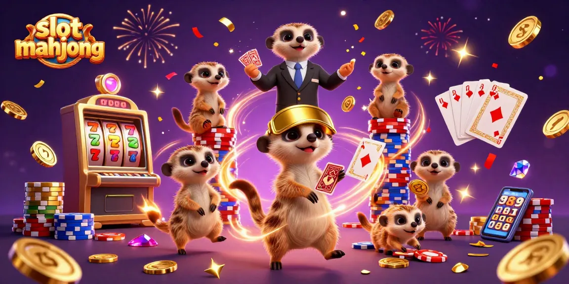 Slot mahjong membawa keseruan dengan koloni meerkat yang mengelola kasino, dikelilingi koin berkilau.
