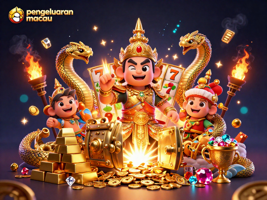 Melihat pengeluaran macau melalui ilustrasi 3D yang menampilkan penjaga kuil Thailand dengan harta emas dan gulungan slot.