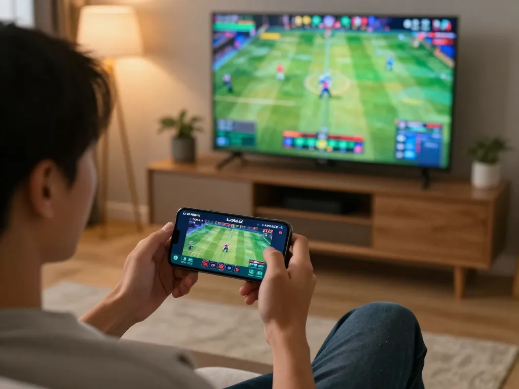 Engaging in LGOLUX sports betting on smartphone in a cozy living room.