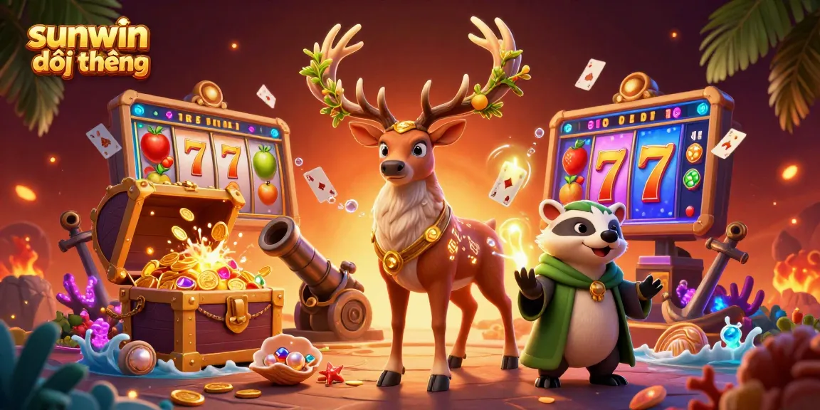 Experience the thrill of sunwin đổi thưởng in a vibrant 3D casino scene filled with animated characters and games.