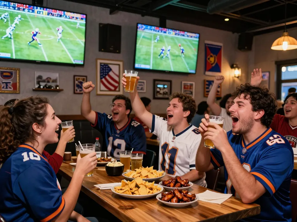 Cá độ bóng đá fans cheering in a lively sports bar during a big match