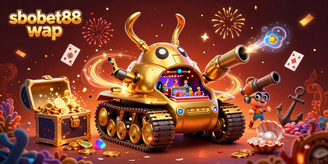 Engage in sbobet88 wap with a vibrant 3D casino scene featuring a golden beetle tank and festive elements.