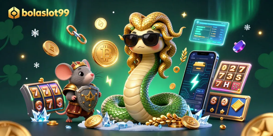 Bolaslot99 showcases a vibrant 3D casino illustration featuring Medusa and a warrior mouse amid slot reels and cryptocurrency symbols.