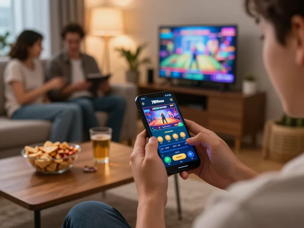 Engaged player using 789win.com app for online casino gaming in a cozy home setting.