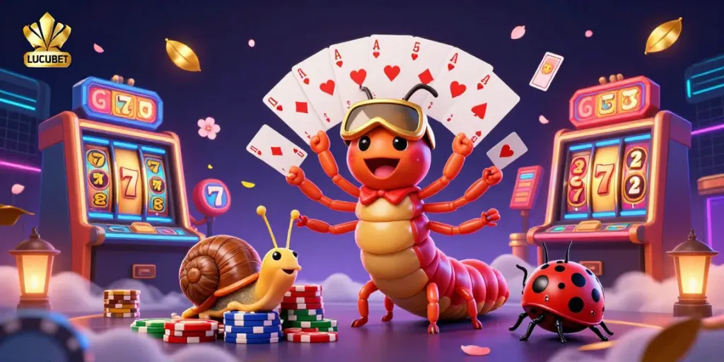 LUCUBET casino atmosphere featuring a colorful millipede dealer, snail high-roller, and pill bug with a lively game environment.