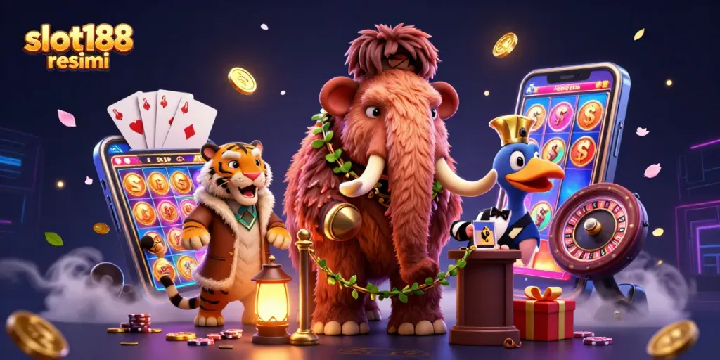 Menghadirkan slot188 resmi, ilustrasi 3D dengan karakter mamut dan harimau dalam suasana kasino