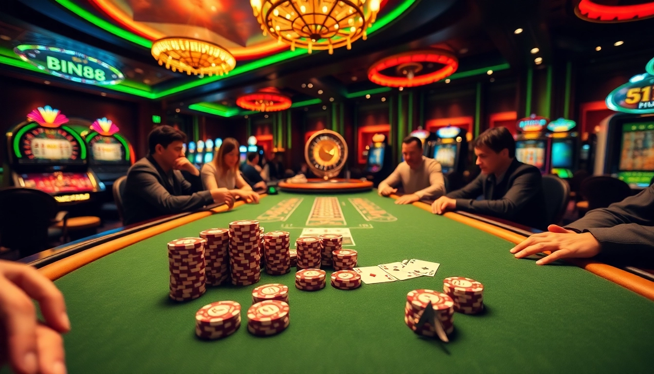 Engage in high-stakes action at Bin88 casino with poker chips and gaming tables.