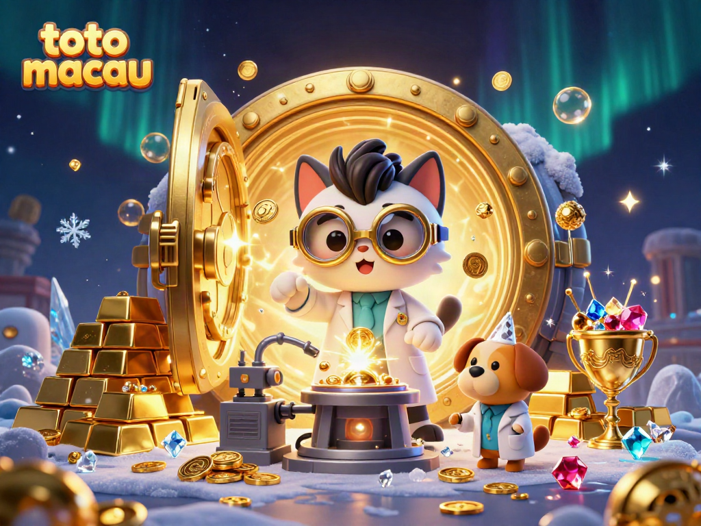 Menampilkan toto macau dalam ilustrasi digital 3D dengan ilmuwan kucing dan anjing novelnya, dikelilingi tumpukan emas.