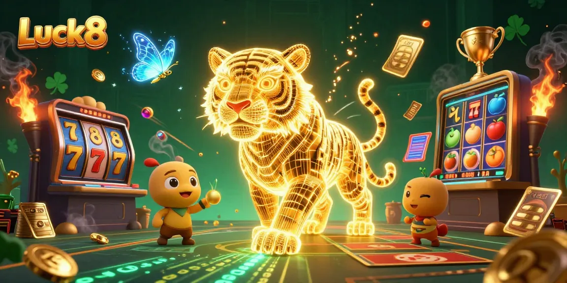 Win big at Luck8 with a vibrant casino scene featuring a neon golden tiger and exciting game elements.