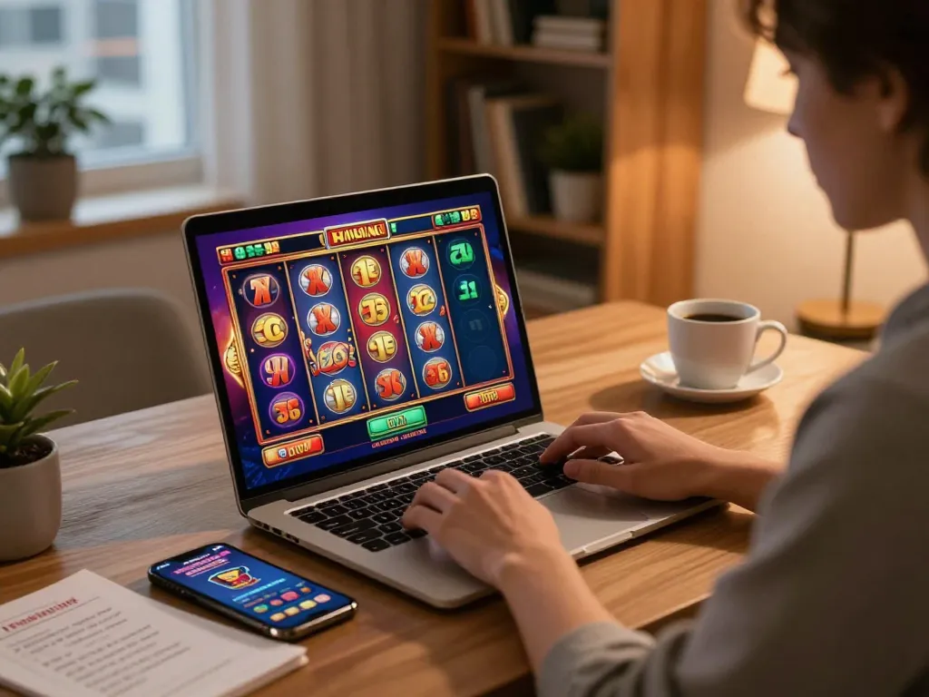 IDCASH88 gaming session showcasing a player enjoying online slots at home with vibrant graphics on screen.