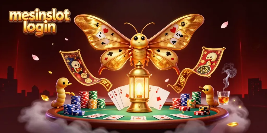 Engage with mesinslot login at a vibrant casino scene featuring an ornate atlas moth and poker elements.