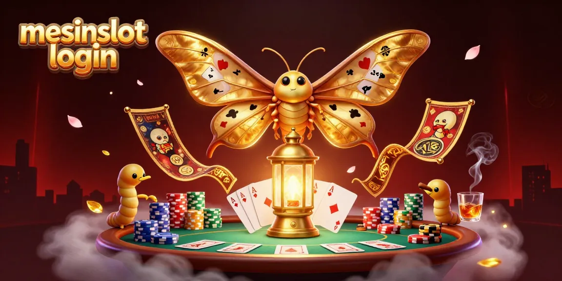 Engage with mesinslot login at a vibrant casino scene featuring an ornate atlas moth and poker elements.