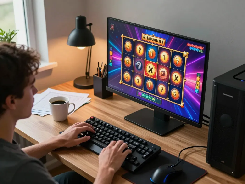 Engaging scene of online gaming setup featuring a player enjoying slot games on janadenole, showcasing vibrant graphics and strategic setup.