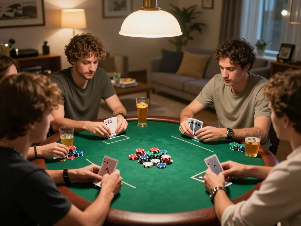 Players strategizing in a home poker game with friends at a round table, showcasing the dw8 gaming experience in a cozy atmosphere.