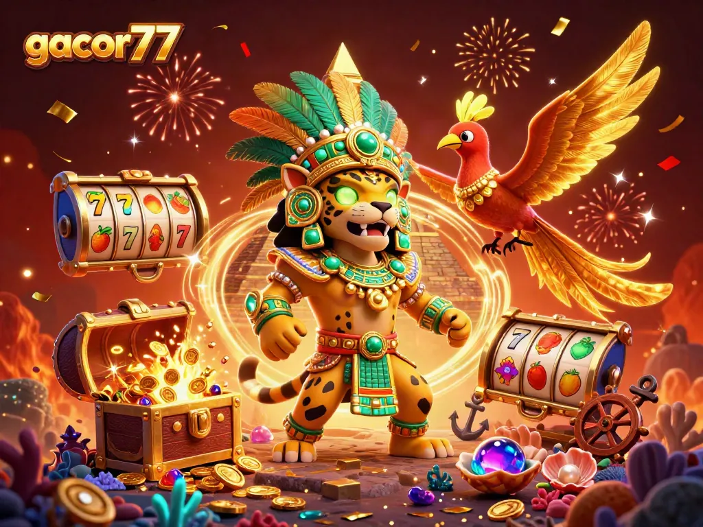 Gacor77 menampilkan jackpot slot dengan karakter jaguar dan burung quetzal di latar belakang magis penuh warna.