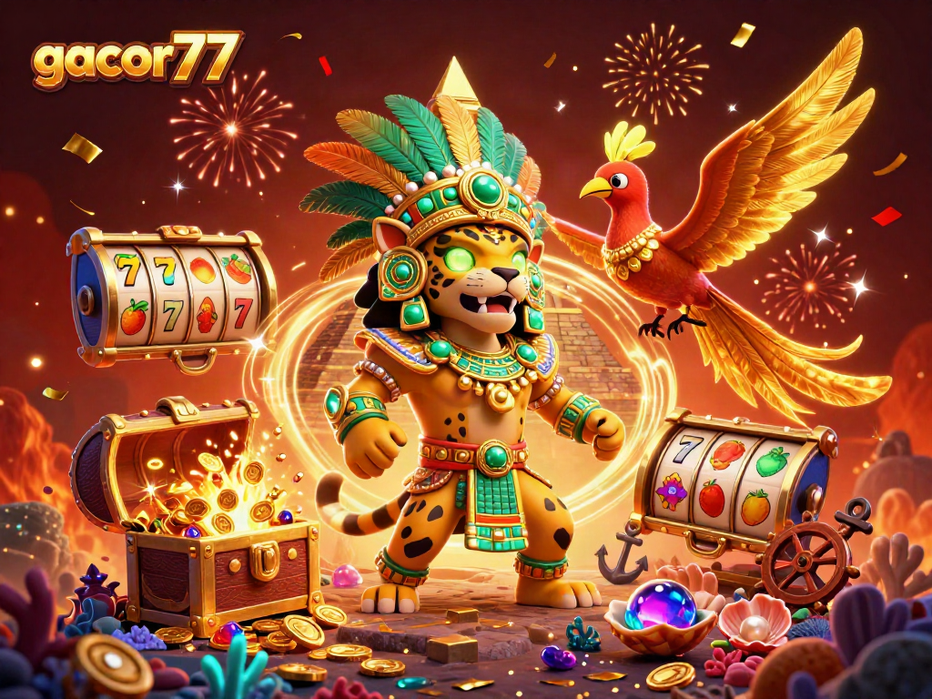 Gacor77 menampilkan jackpot slot dengan karakter jaguar dan burung quetzal di latar belakang magis penuh warna.