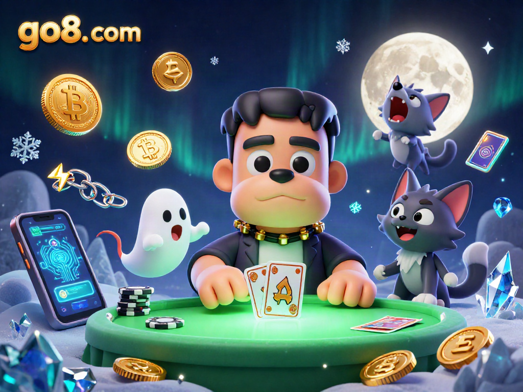 Engage in thrilling gaming action at go8. com with a spooky casino scene featuring dynamic characters and crypto elements.