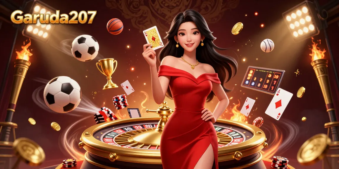 Garuda207 showcases an engaging casino scene with a young woman, golden roulette, and dynamic sports elements.