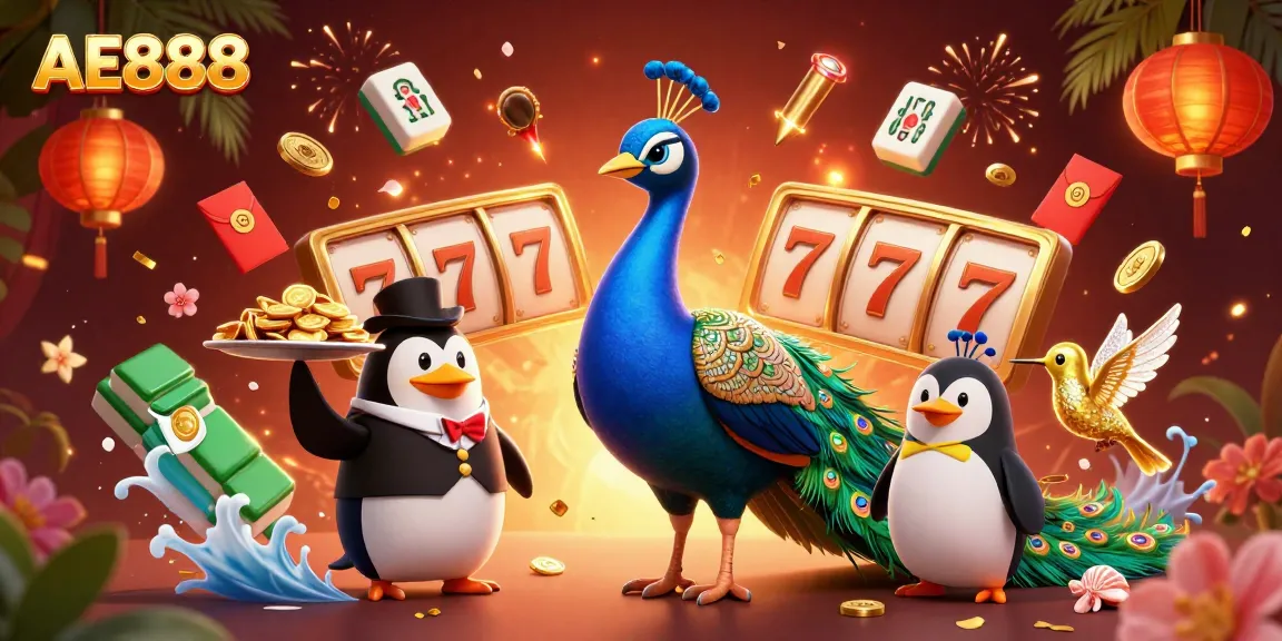 Experience the vibrant AE888 casino scene with a peacock and penguin amidst dynamic gaming elements and celebration.