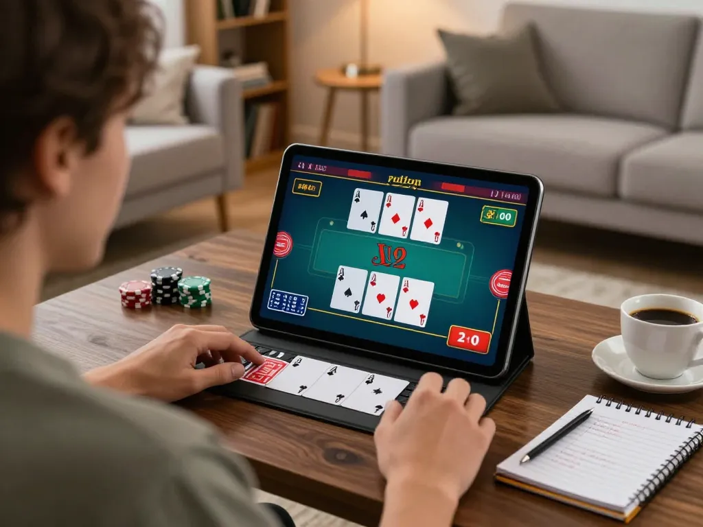 Engaging in llwin online blackjack at home using a tablet, showcasing dynamic game interface and cozy decor.