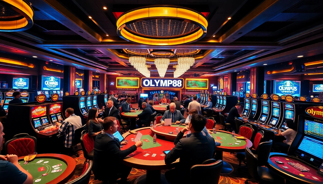 OLYMPUS88 menampilkan pemain kasino yang antusias di meja poker yang mewah.
