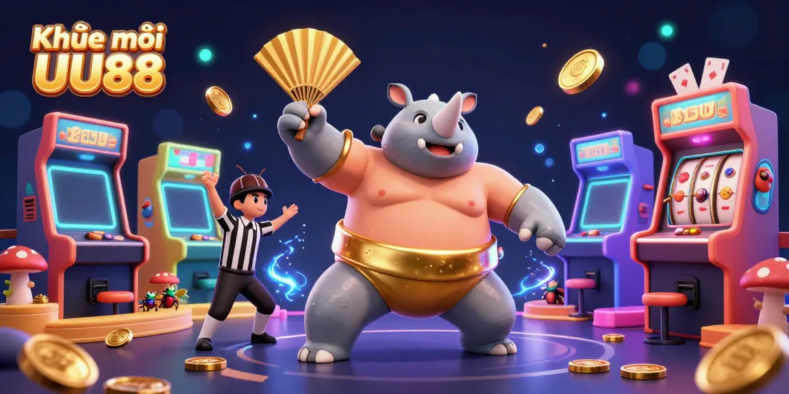 Experience Khuyến mãi UU88 with a playful illustration of a sumo beetle champion surrounded by fun casino elements.
