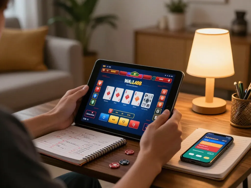 Engaging WALA88 online casino gaming scene with a player on a tablet in a cozy home setting.